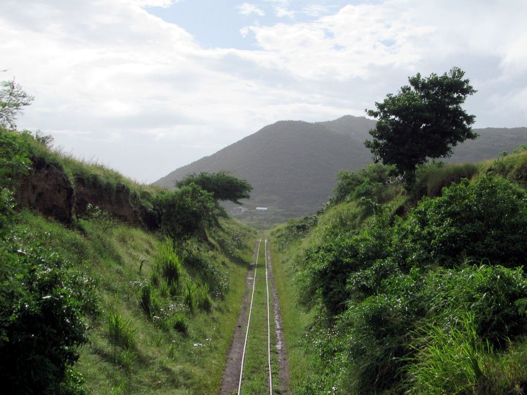 The narrow-gauge track of the St. Kitts Scenic Railway running through a green cutting towards the hills
